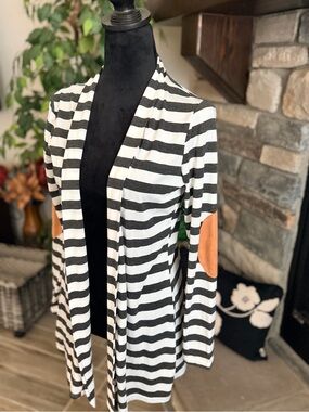 Myobe Dark Grey and White Striped Open Cardigan with Tan Elbow Patches